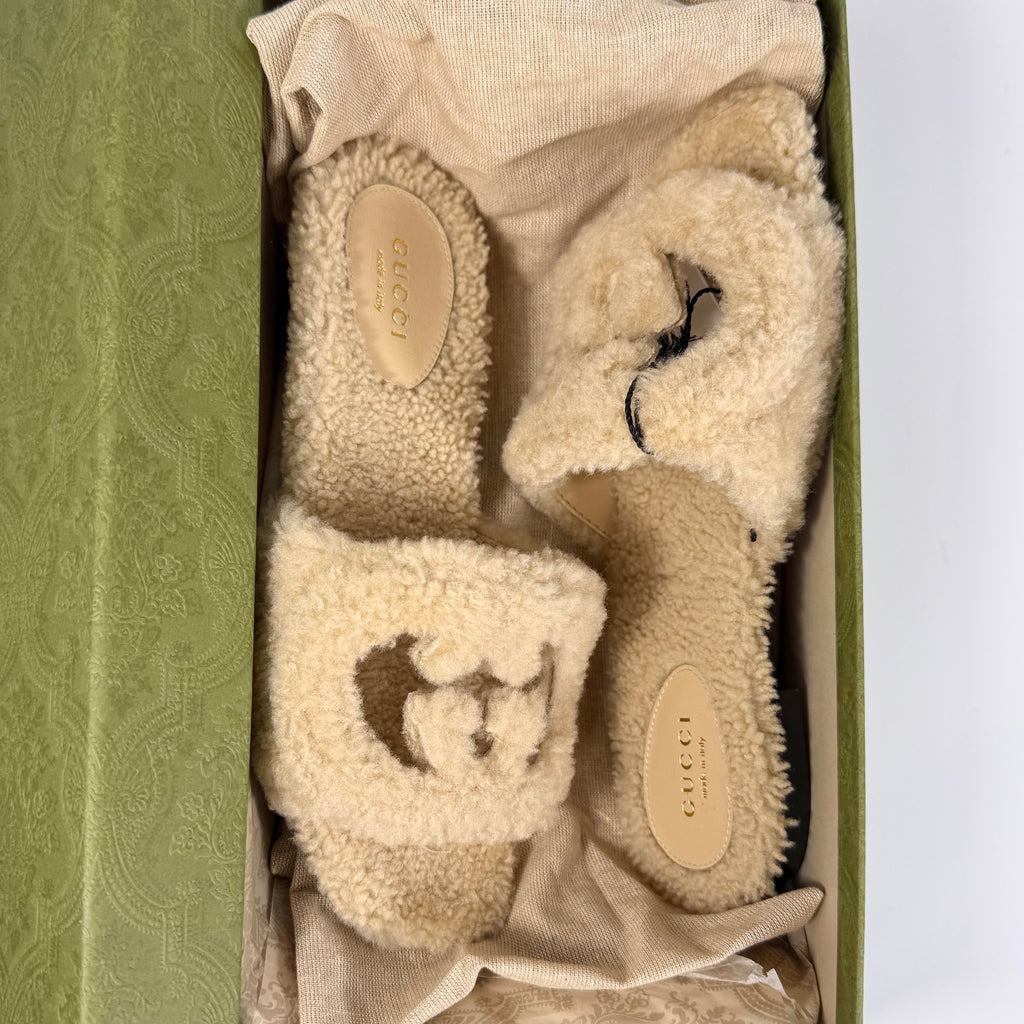 Gucci Shearling GG Cut Out Slide Sandal - Women’s 5.5