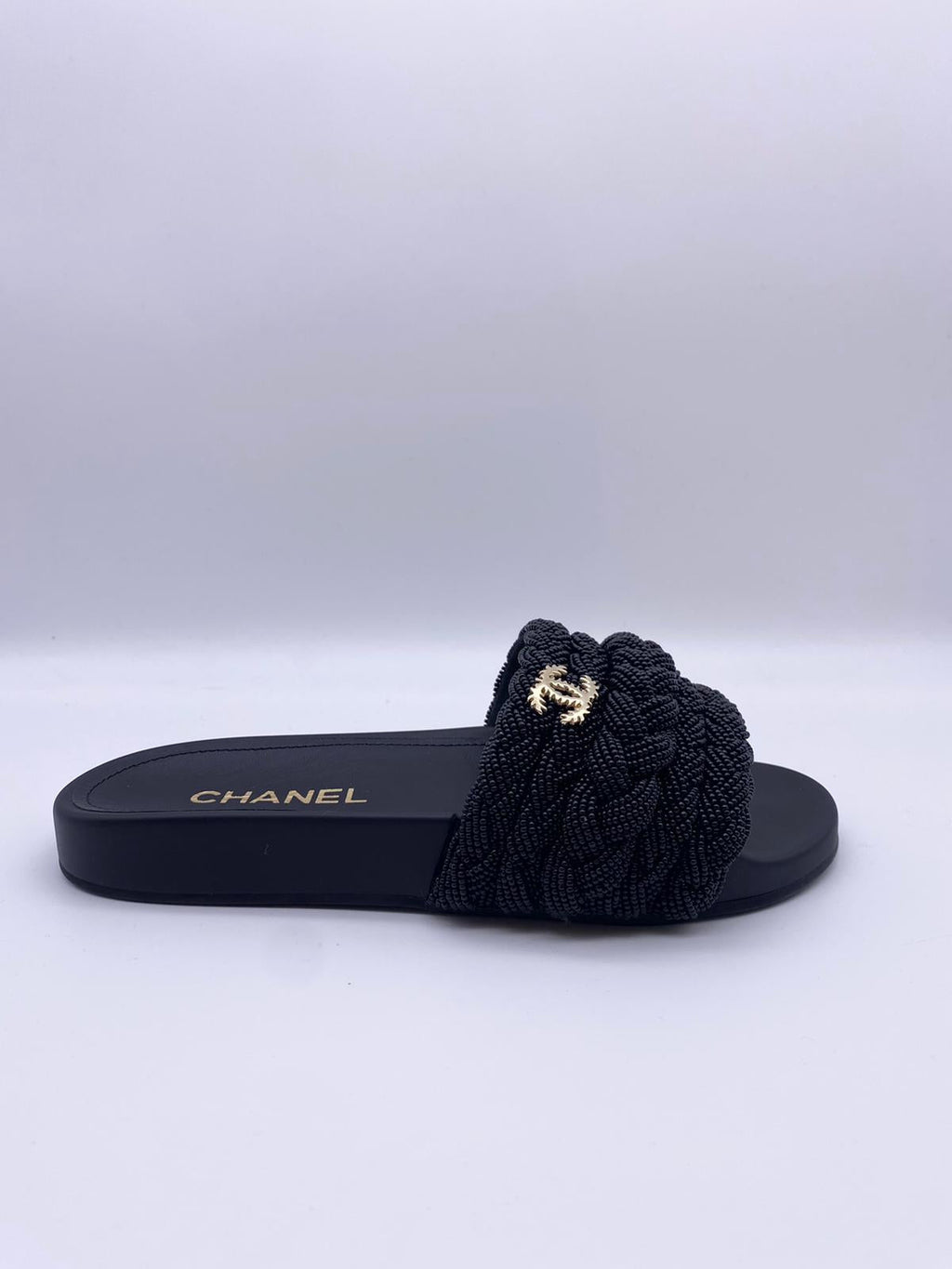 Chanel Pearl & Lambskin Woven Mule Slides (Black)