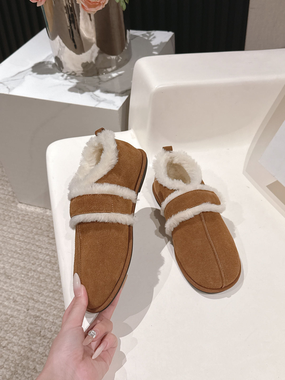 The Row 2025 Furry Shoe Light Brown White Suede Wool 560590
