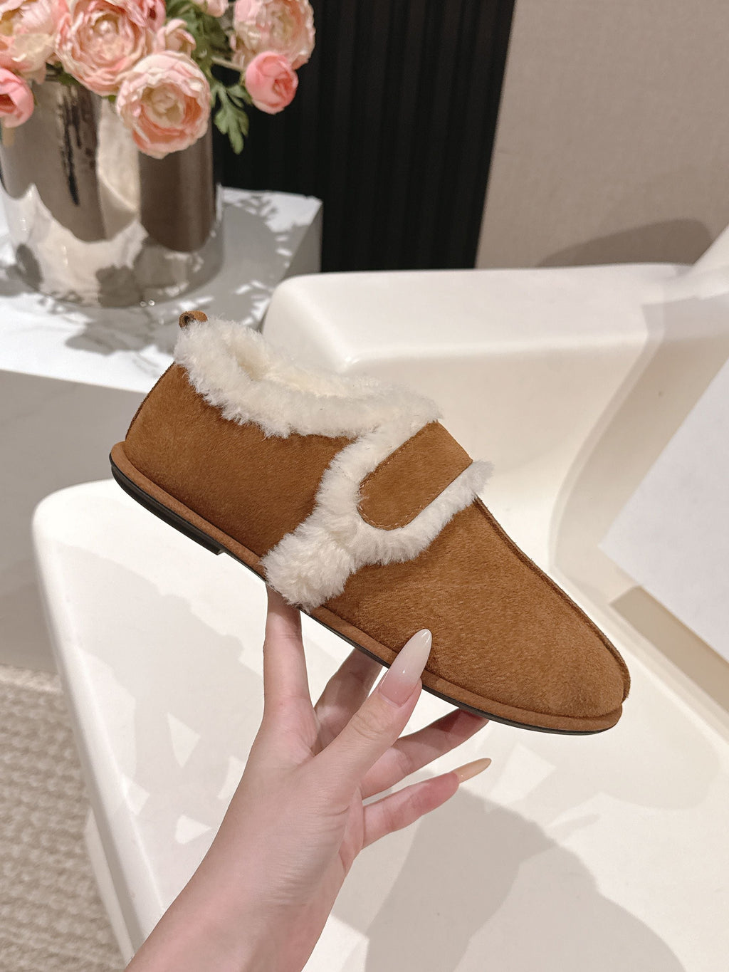The Row 2025 Furry Shoe Light Brown White Suede Wool 560590