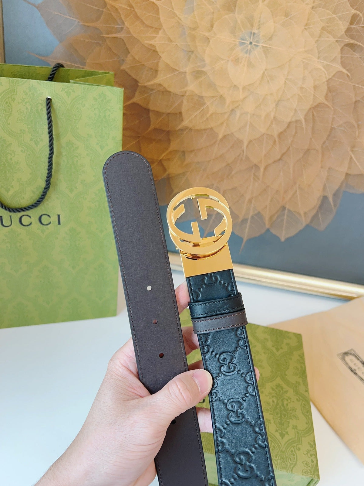 Gucci Supreme Belt Gold Buckle 37mm Black Embossed Leather