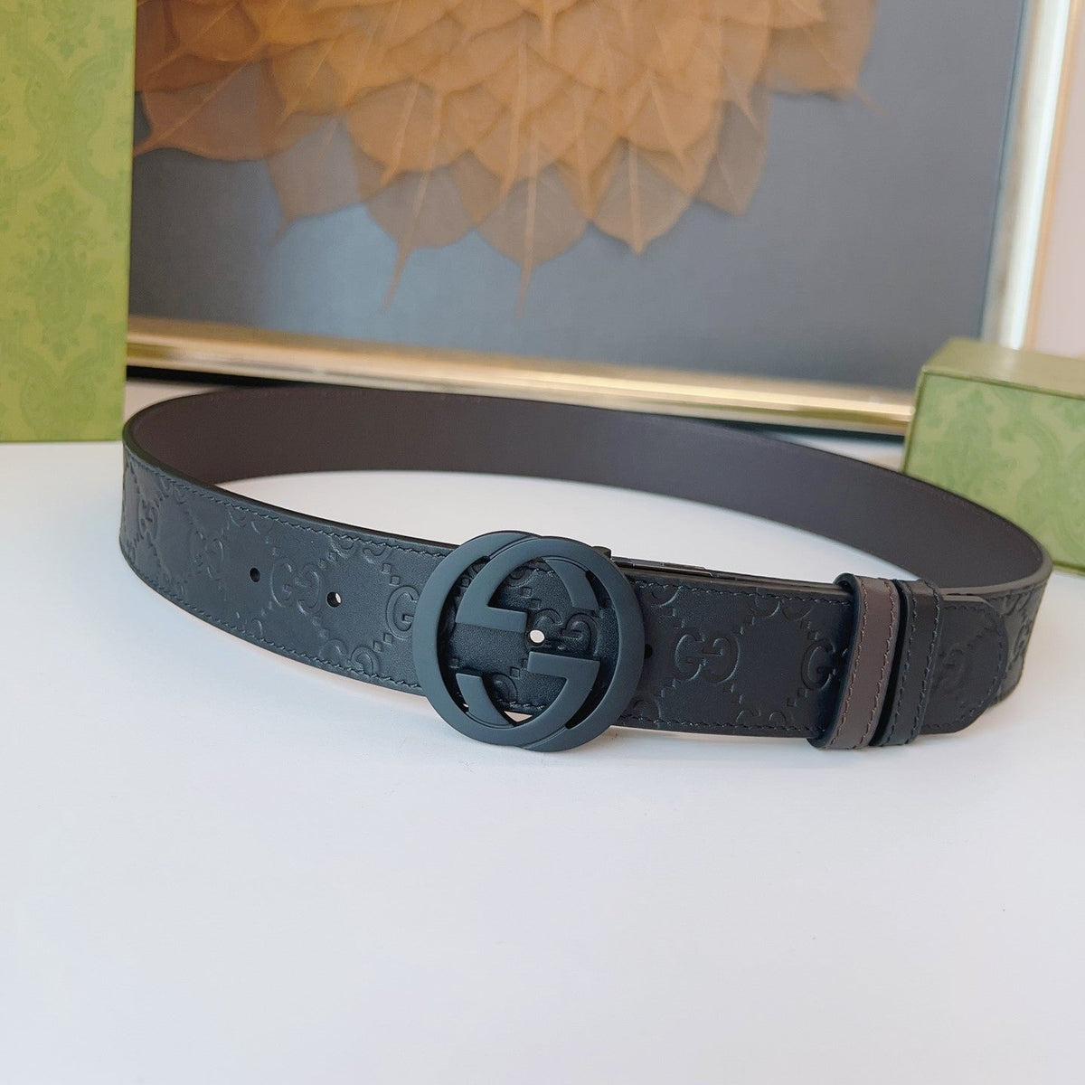Gucci Supreme Belt Black Buckle 37mm Black Embossed Leather
